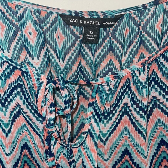 Zac & Rachel Long Sleeve Blouse: Teal Chevron/Herringbone Top - Picture 2 of 5